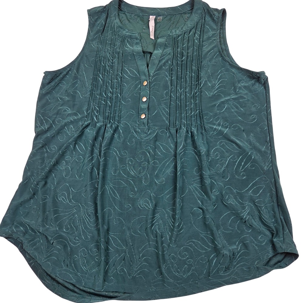 NY Collection Henley Top Forest Green Textured Swirl Pintuck Sleeveless Tank